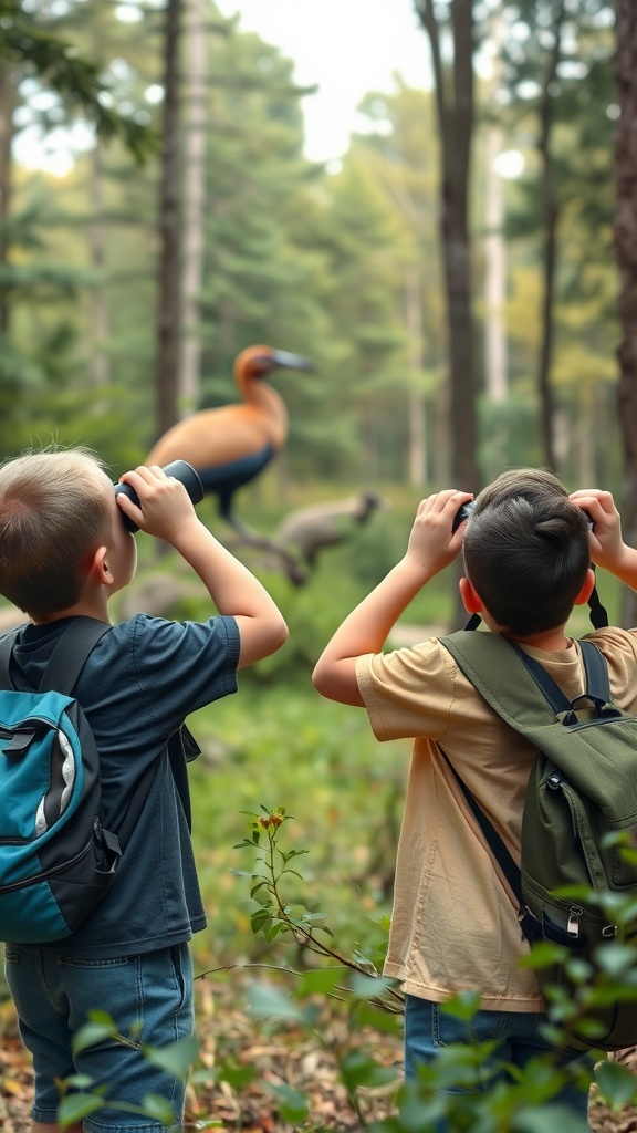 Two kids with backpacks observing wildlife in the forest with binoculars.