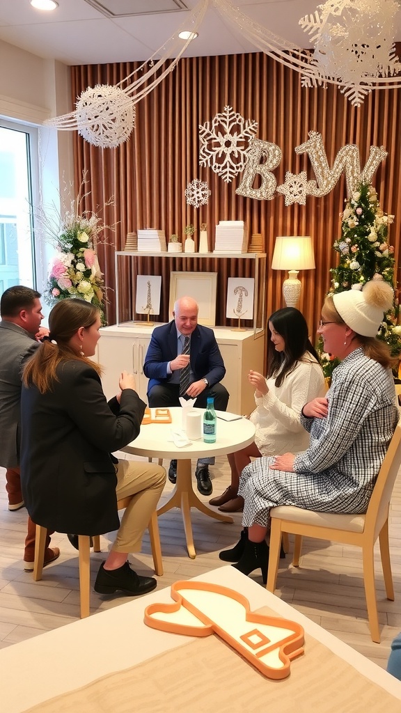 A group of people playing games at a winter baby shower with festive decorations.