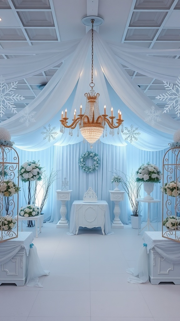 Winter Wonderland themed baby shower setup with white and blue decorations, including a chandelier and flower arrangements.