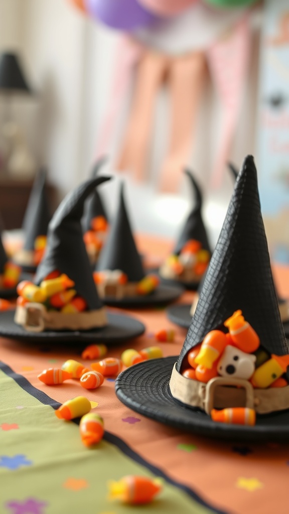 Mini witch hats filled with candy corn placed on a colorful table.