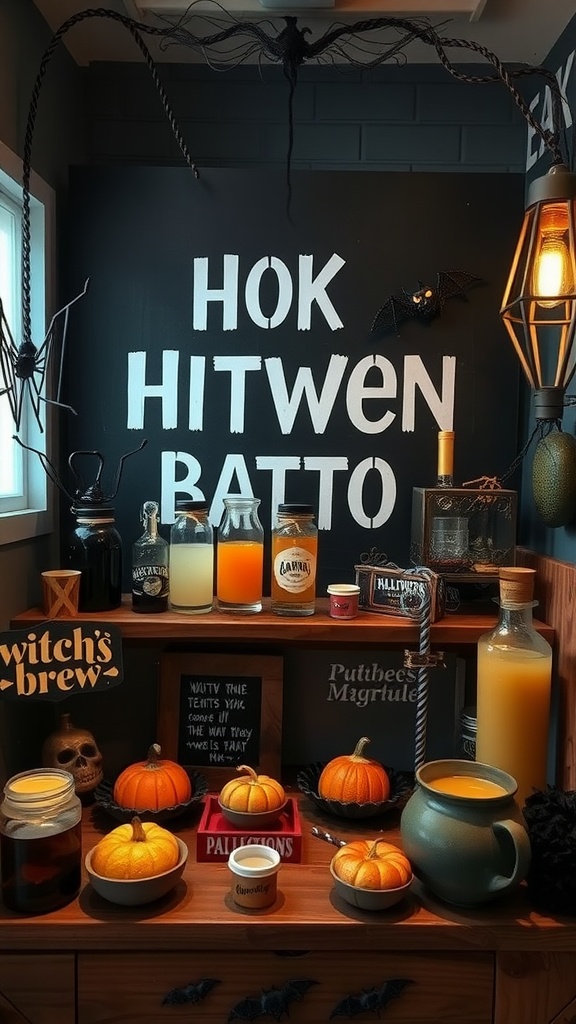 A witchy beverage station with a dark backdrop, featuring jars of colorful drinks, pumpkins, and spooky decorations.