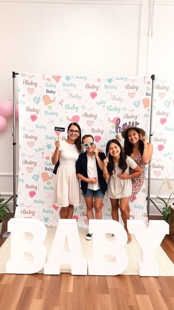 A group of friends posing in front of a colorful baby shower photo booth with a backdrop and large letters spelling 'BABY'.