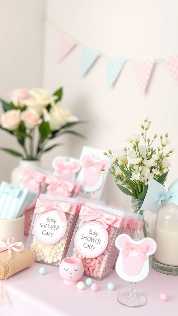 A table display of adorable baby shower party favors with pastel-colored candies in clear bags, flowers, and decorative elements.
