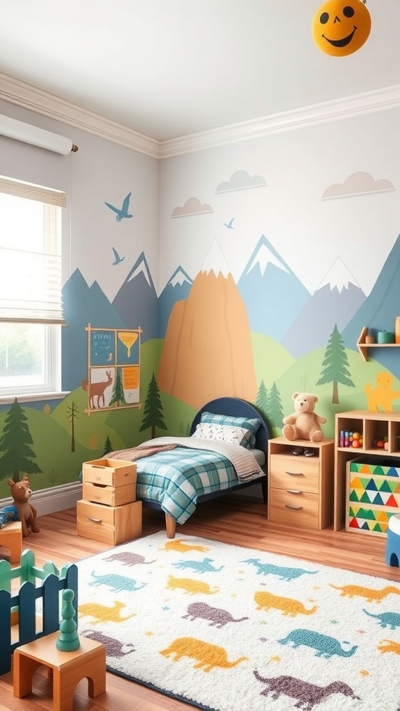A toddler boy's bedroom with adventure-themed wall murals featuring mountains, trees, and playful animals, a simple bed, dinosaur-patterned rug, and wooden storage boxes.