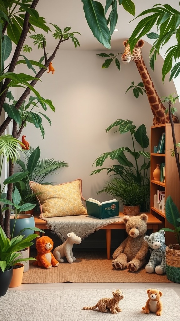 A cozy reading nook with plush animals and greenery, featuring a bench, colorful cushions, and a small bookshelf.