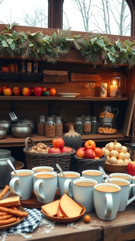A cozy apple cider bar with mugs of cider, fresh apples, and snacks.