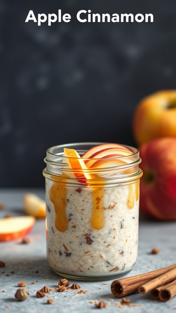 A jar of apple cinnamon overnight oats topped with apple slices and caramel, with cinnamon sticks beside it.
