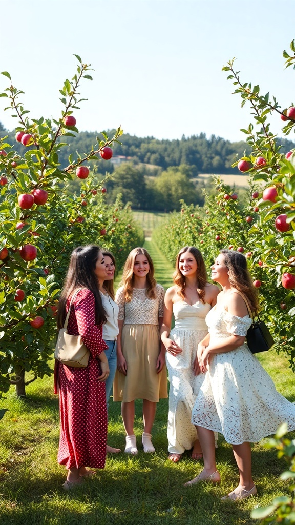 A group of friends enjoying a day of apple picking in an orchard, surrounded by apple trees.