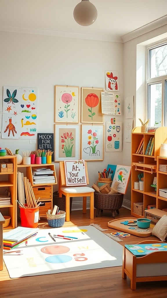 A bright and colorful Montessori art corner with children's artwork on the walls and various art supplies.