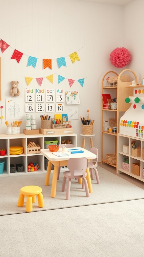 A colorful toddler craft station with a small table, chairs, art supplies, and decorations.