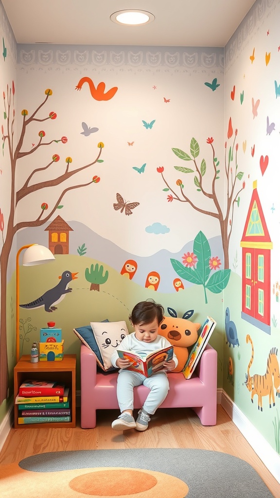 A toddler reading in a cozy nook with colorful wall murals of trees, animals, and birds.