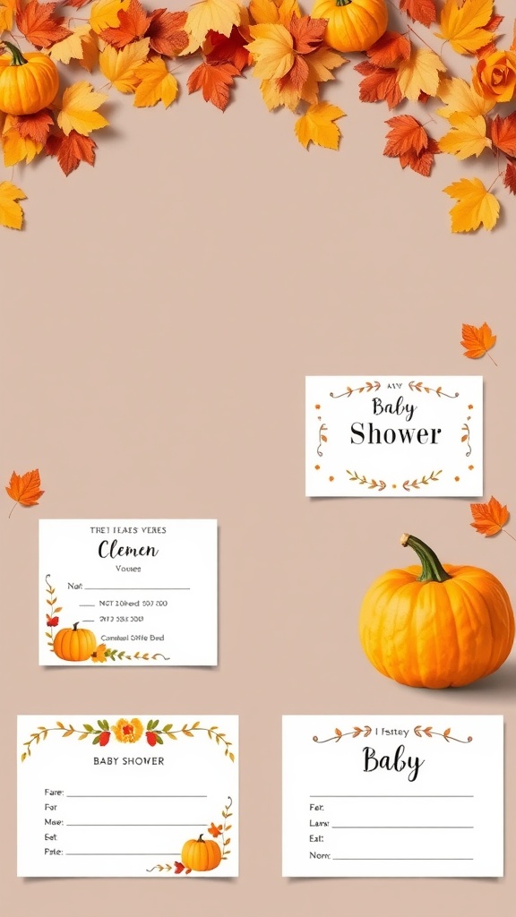 Autumn-themed baby shower invitations with pumpkins and leaves
