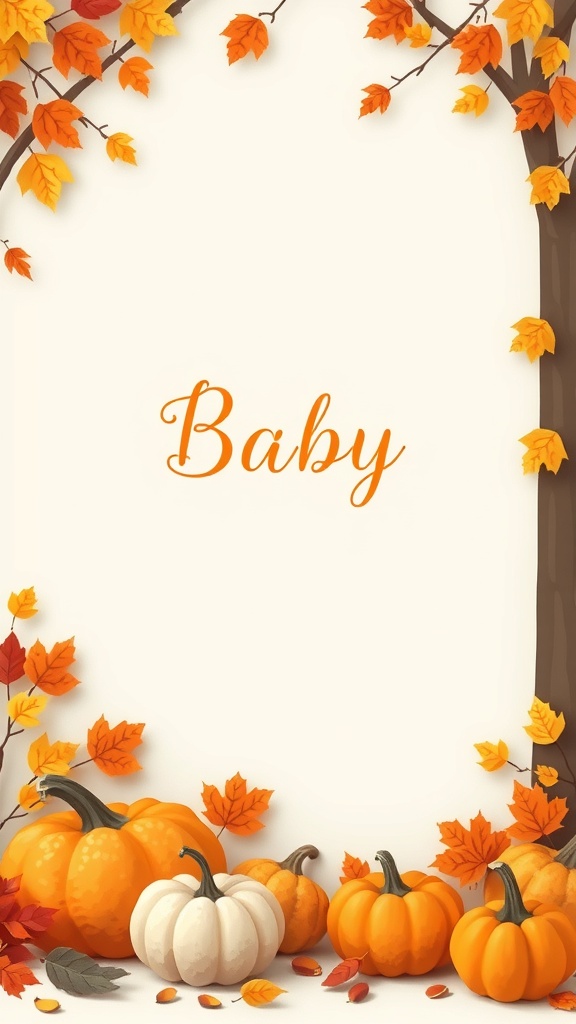 Autumn-themed baby shower invitation with pumpkins and fall leaves