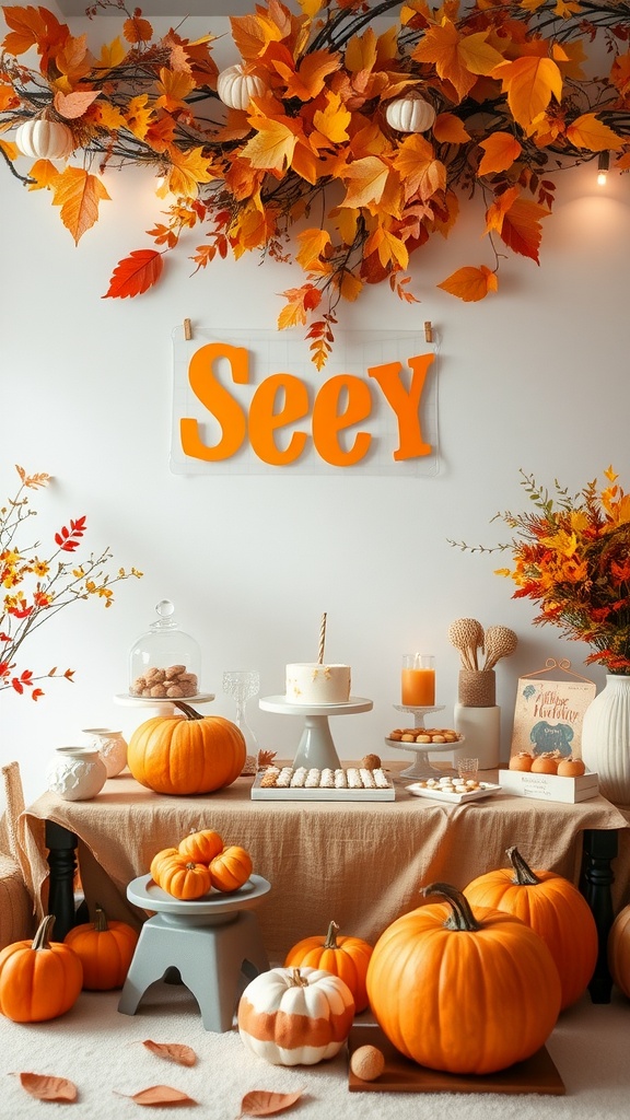 A festive autumn harvest baby shower setup with pumpkins, fall leaves, and treats.