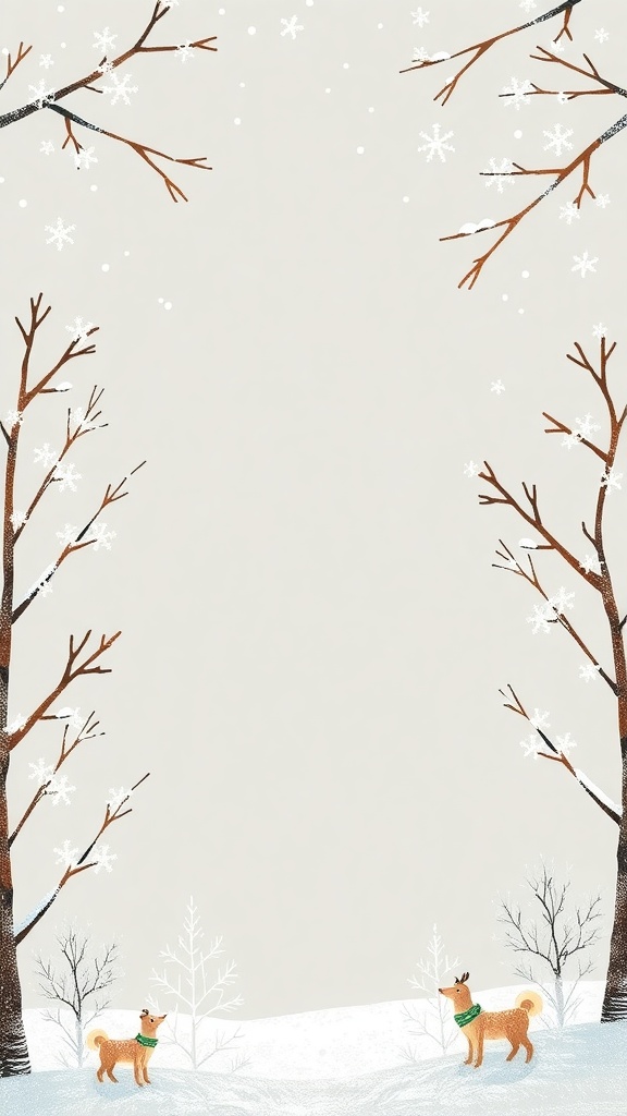 Winter-themed invitation with snowflakes and playful dogs in scarves