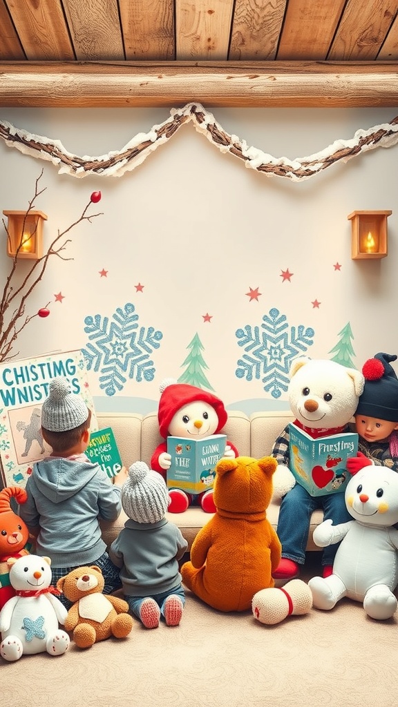 Children sitting on a couch with stuffed animals, reading books in a winter-themed room.