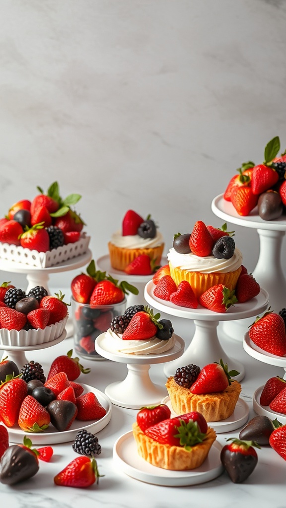 A beautifully arranged dessert table featuring strawberries, blackberries, and chocolate-covered treats on white stands.