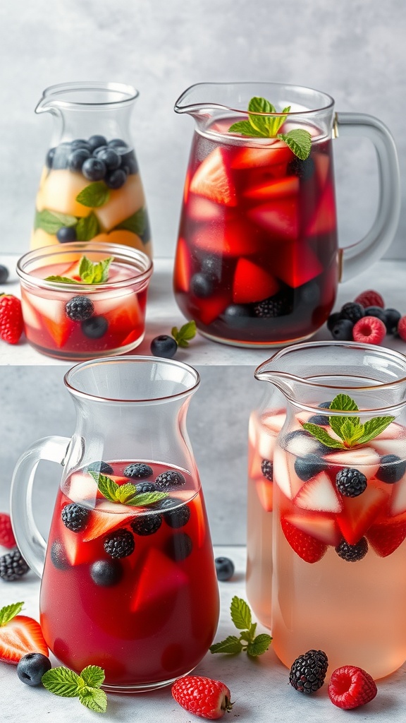 Colorful berry-infused beverages in pitchers and jars, featuring strawberries, blueberries, raspberries, and mint leaves.