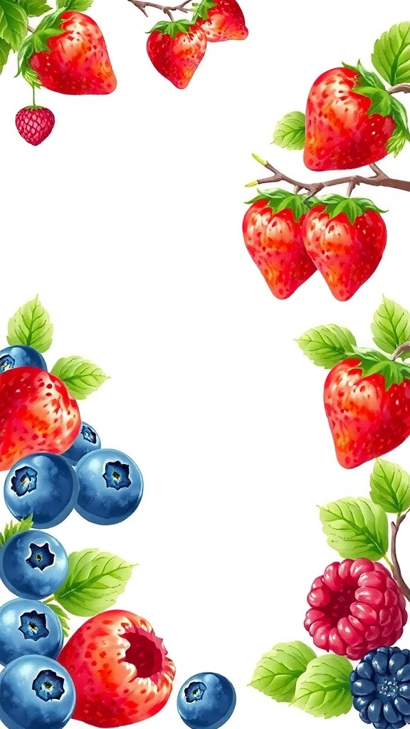 Colorful berry-themed invitation design featuring strawberries, blueberries, and raspberries.