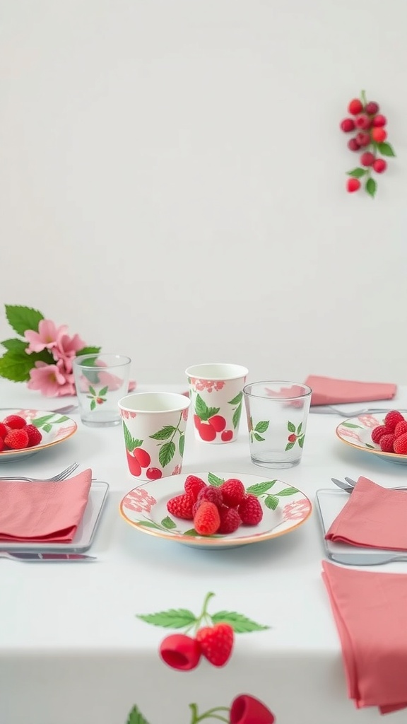 A table set with berry-patterned tableware, featuring plates, cups, and fresh raspberries.