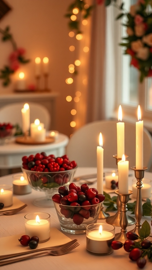 A beautifully arranged table with bowls of berries and lit candles, creating a cozy atmosphere for a baby shower.