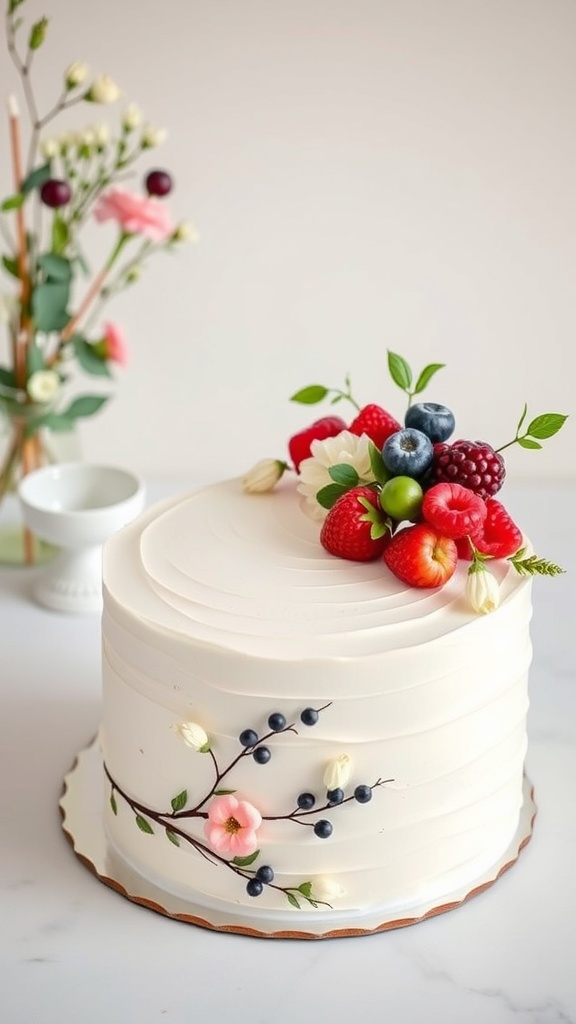 A beautifully decorated white cake topped with fresh berries and flowers.