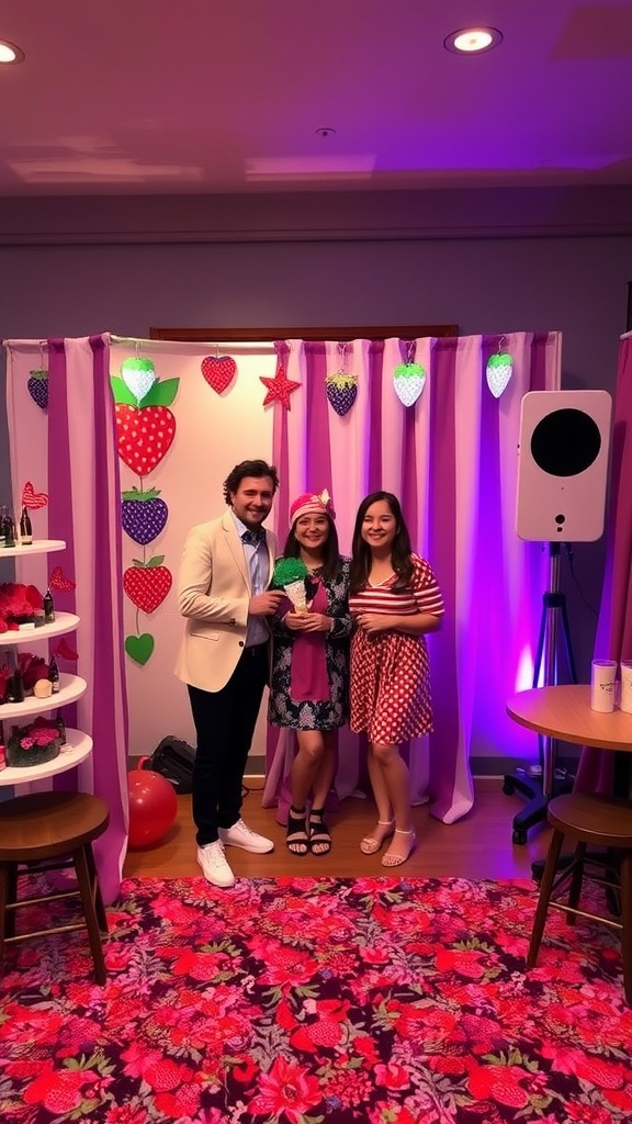 A berry-themed photo booth with guests posing in front of a colorful backdrop decorated with strawberries and hearts.