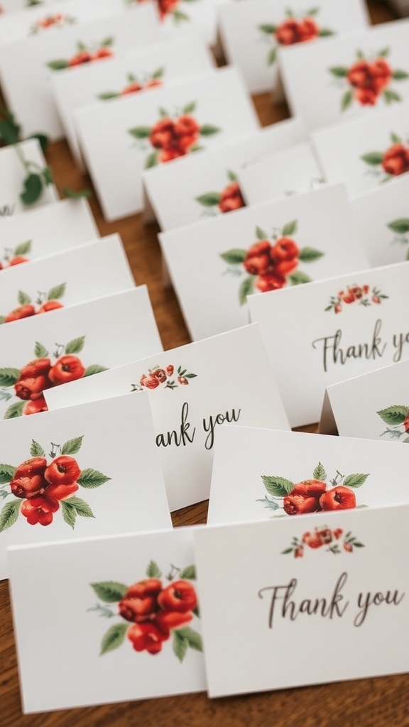 A collection of berry-themed thank you cards with red berries and green leaves.