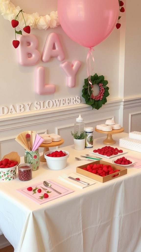 A beautifully decorated table for a berry-themed baby shower with raspberries and craft supplies.