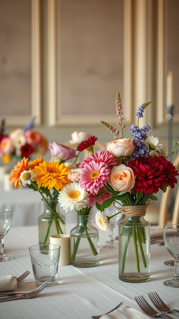 Colorful flower centerpieces in glass vases on a table