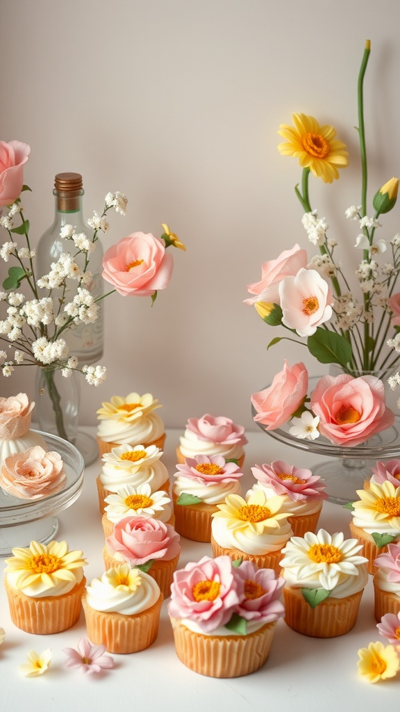 A dessert table featuring beautifully decorated cupcakes resembling flowers, with fresh floral arrangements in the background.