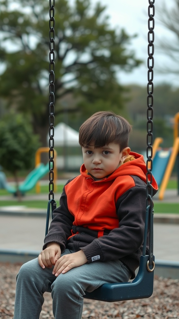 A young boy with a bowl cut sitting on a swing in a playground.
