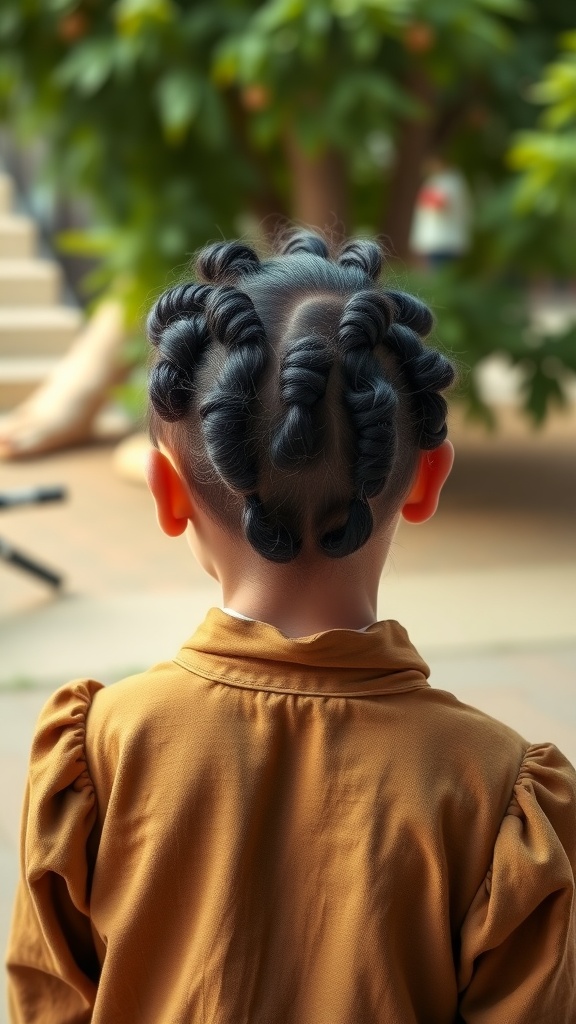 A young boy with a unique braided hairstyle featuring multiple twisted sections, showcasing a trendy look.