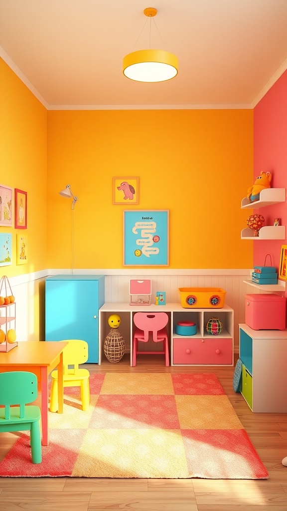 A vibrant toddler room with orange walls, colorful furniture, and playful decor.