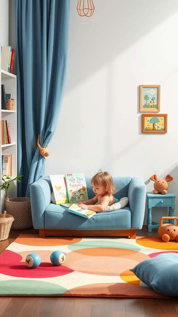 A bright and colorful rug with circles in a toddler reading nook, featuring a small couch and books.