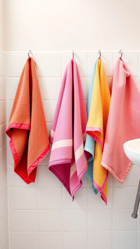 Brightly colored towels and washcloths hanging in a bathroom