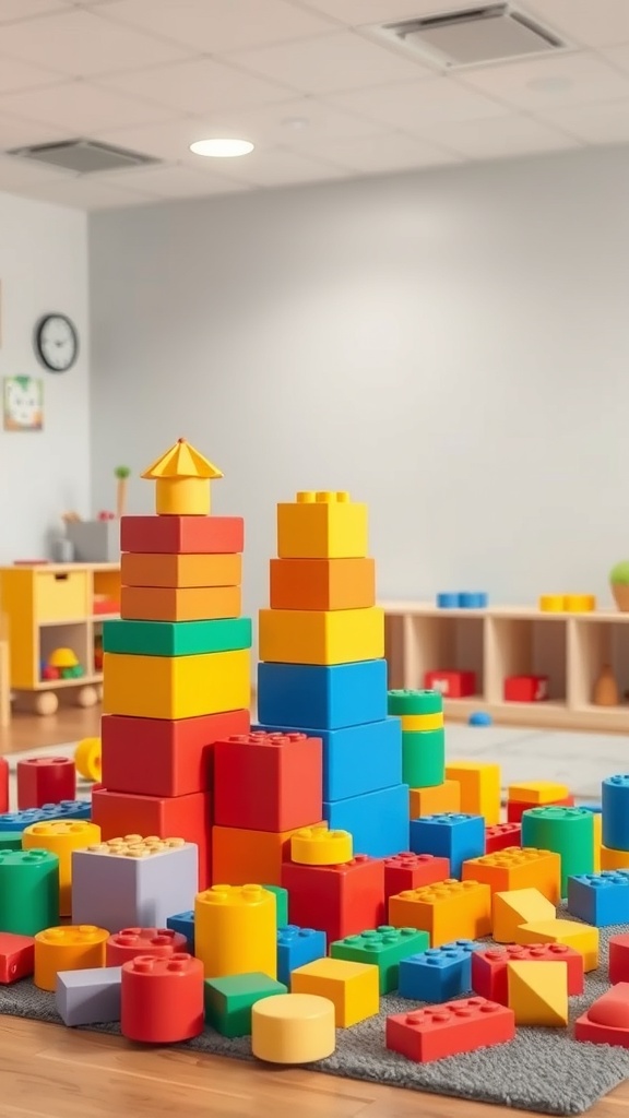 Colorful building blocks in a toddler playroom, arranged on a soft rug.