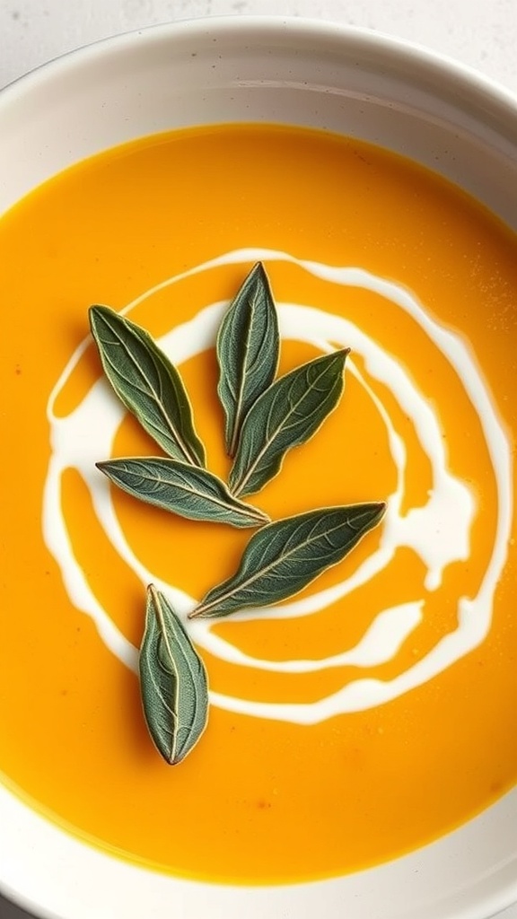 A bowl of creamy butternut squash soup garnished with sage leaves.