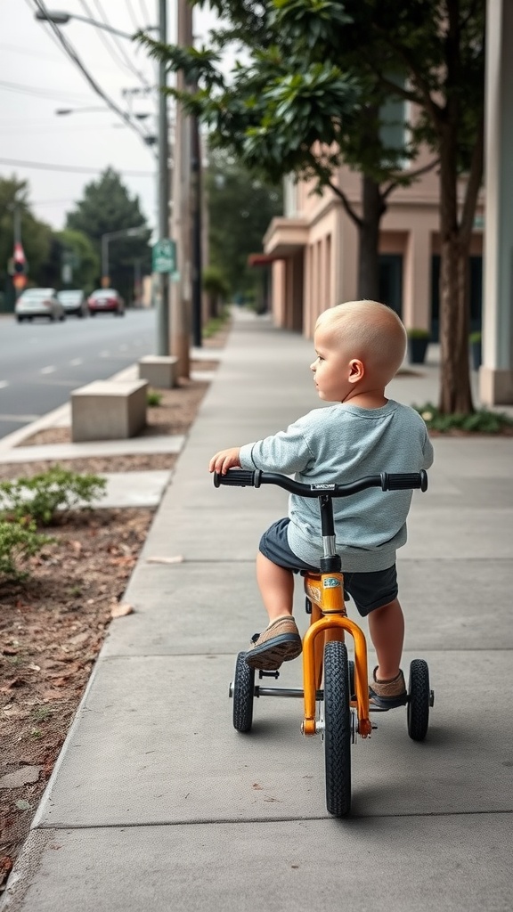 A toddler boy with a buzz cut riding a tricycle on a sidewalk.