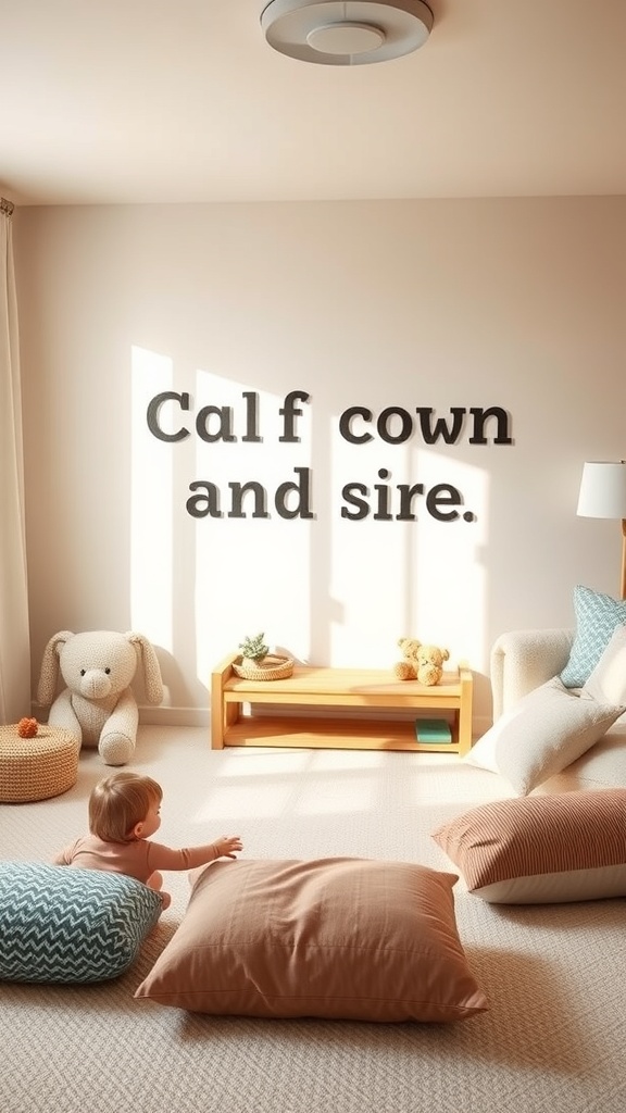 A cozy toddler playroom with soft pillows, plush toys, and warm lighting.