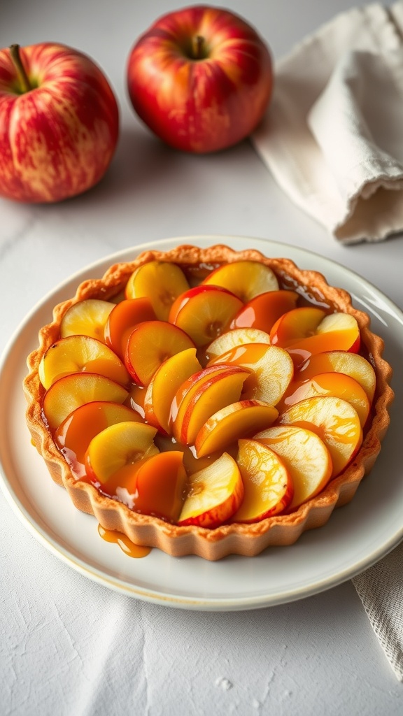 A caramel apple tart with sliced apples on top, surrounded by red apples.
