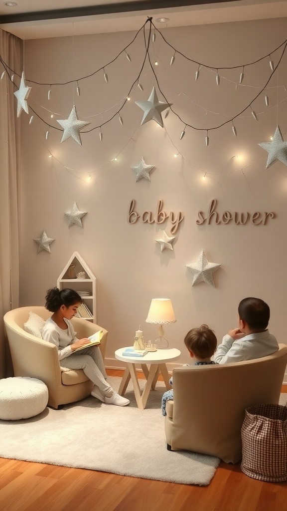 Cozy storytime corner with star decorations for a baby shower