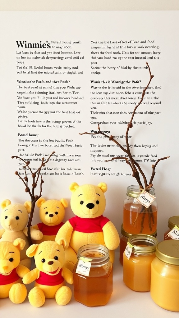 Winnie the Pooh themed baby shower favors with plush toys and honey jars.