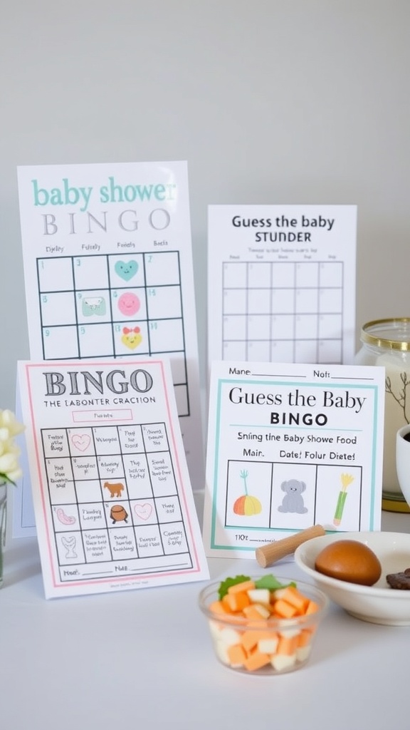 A collection of baby shower game cards including Bingo and Guess the Baby Stunder.