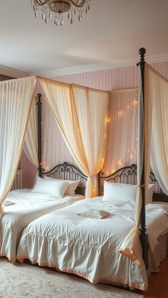 Two cozy canopy beds with soft fabric drapes and fairy lights in a shared room for babies and toddlers.