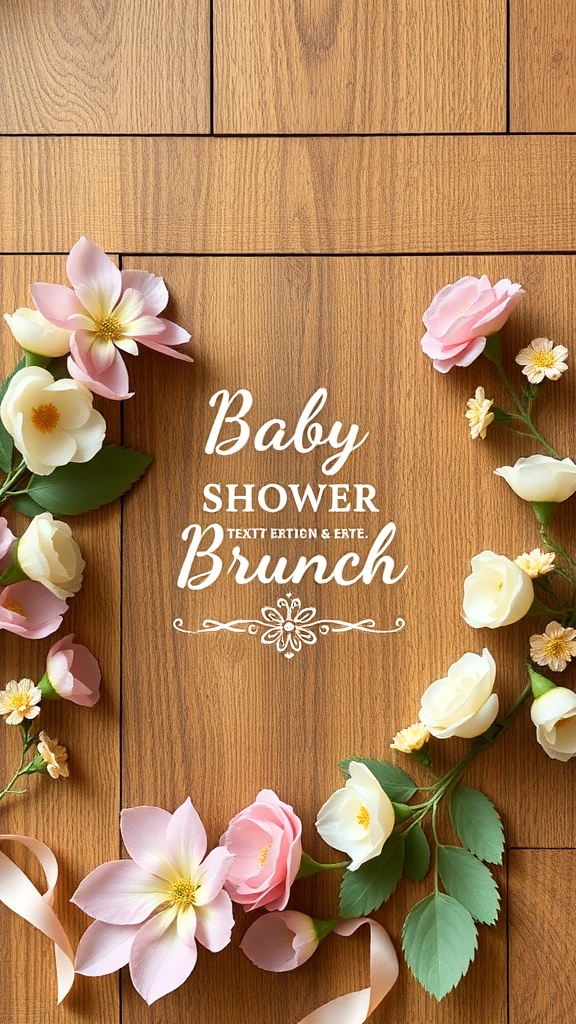 Floral accents surrounding the text 'Baby Shower Brunch' on a wooden background.