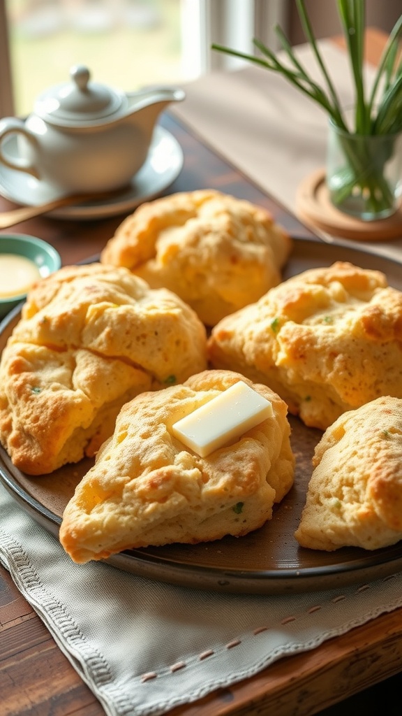 A plate of freshly baked cheddar and chive scones with a pat of butter on top, set on a wooden table with a teapot and greenery in the background.