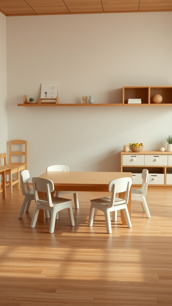 A Montessori room with child-sized furniture including a wooden table and chairs.