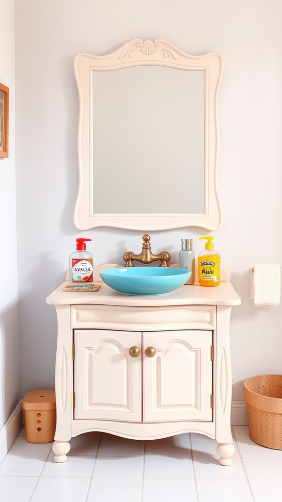 A child-sized vanity with a blue bowl sink, light-colored cabinet, and colorful soap bottles.