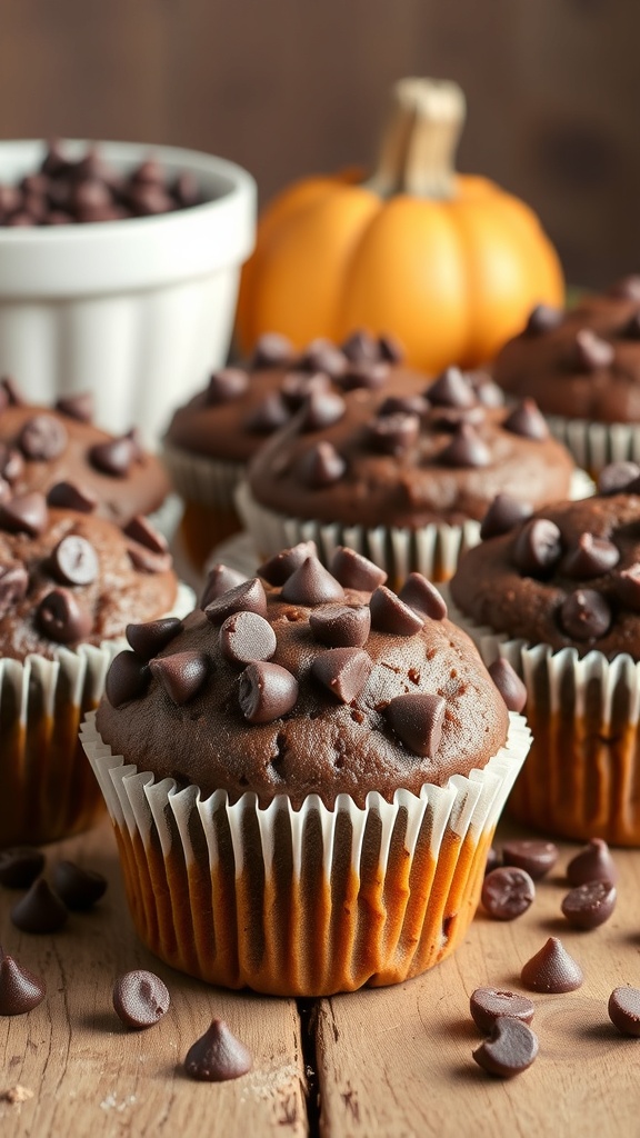 Chocolate pumpkin muffins topped with chocolate chips, with a small pumpkin in the background.